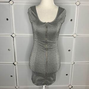 H&M Divided Cap Sleeve Front Zipper Metallic Silver Body Con Dress Size 4